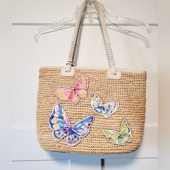 Brighton Suncatcher Sasha Butterfly Raffia W Leather Accents Tote Beach Garden - Picture 1 of 15